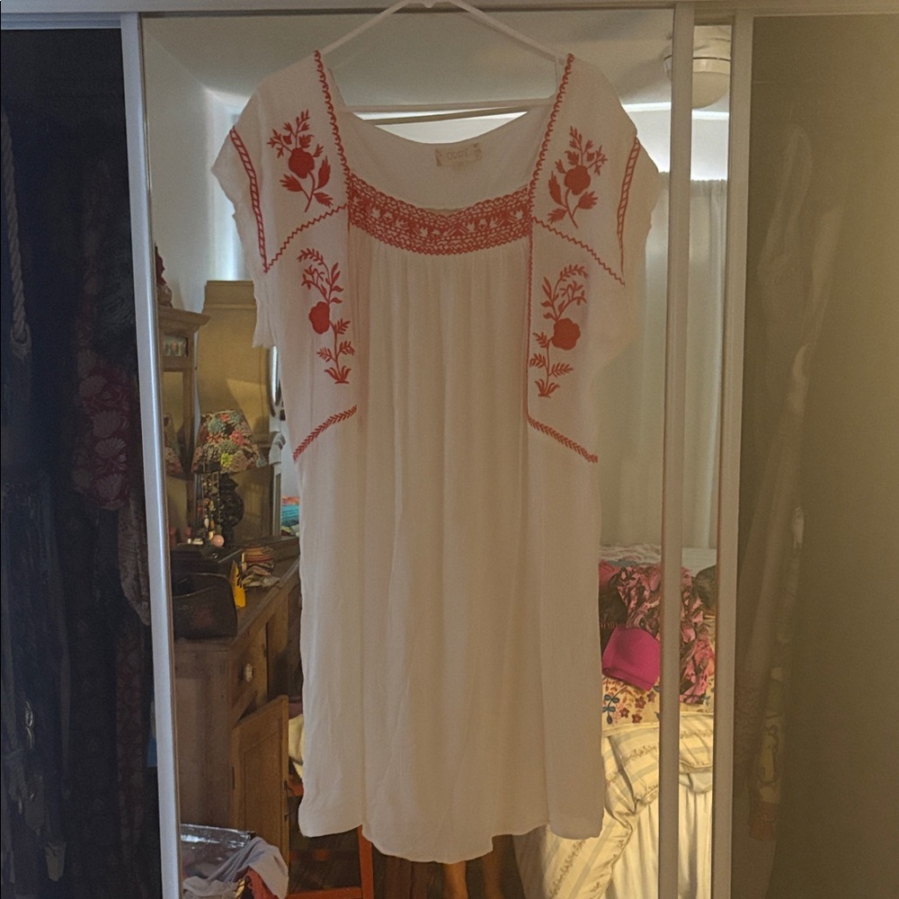 Embroidered White Cotton Peasant Top, Dress, Cover Up with Red embroideredDetail